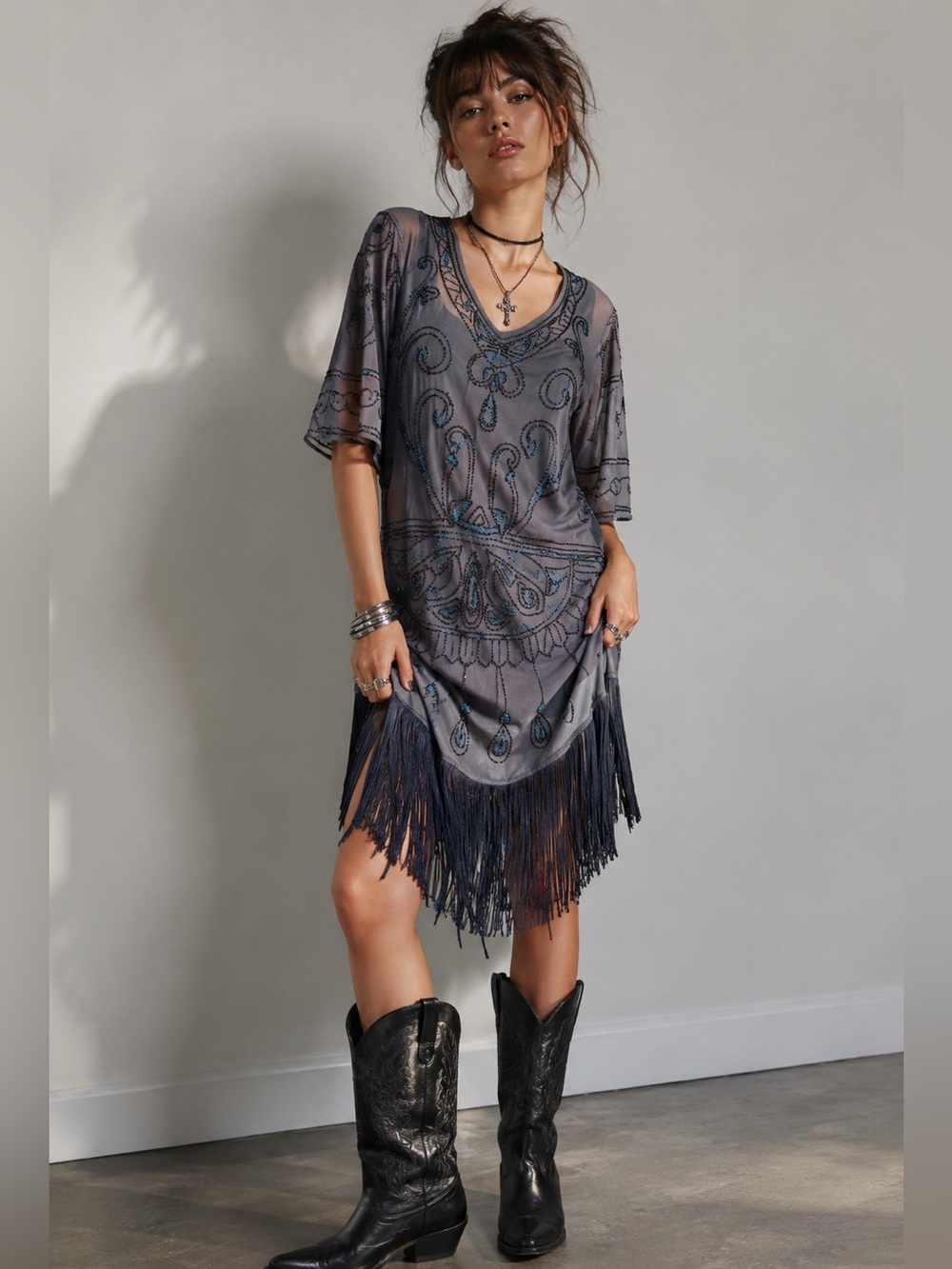 Free People Gray Blue Beaded Vintage Fringe Dress Small